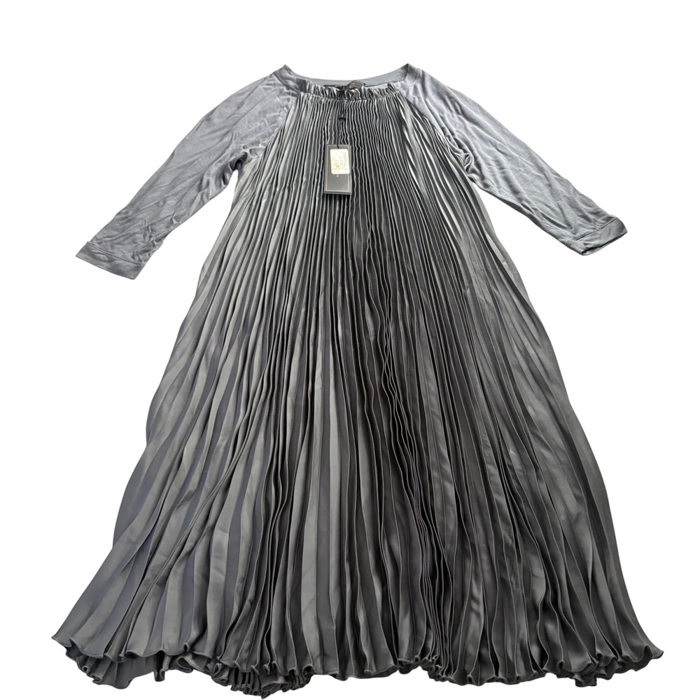 BCBGMAXAZRIA Grey Pleated Mixed Media Midi Dress Long Sleeve  XS NEW Career
